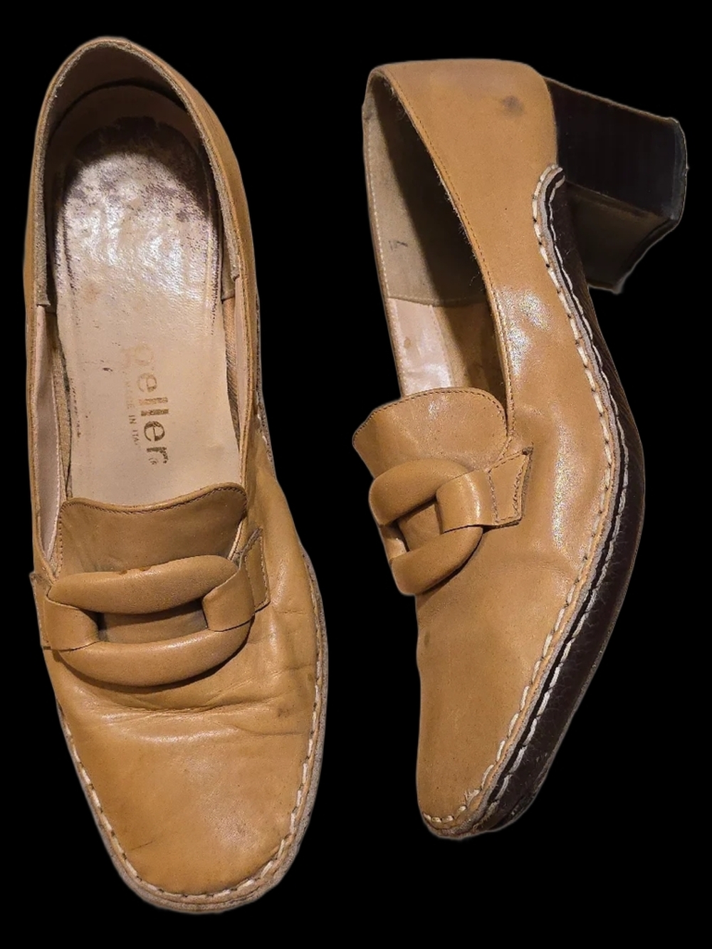 Vintage 1970s Andrew Geller Tan Leather Chunky Heels Strada Italy Size 7
